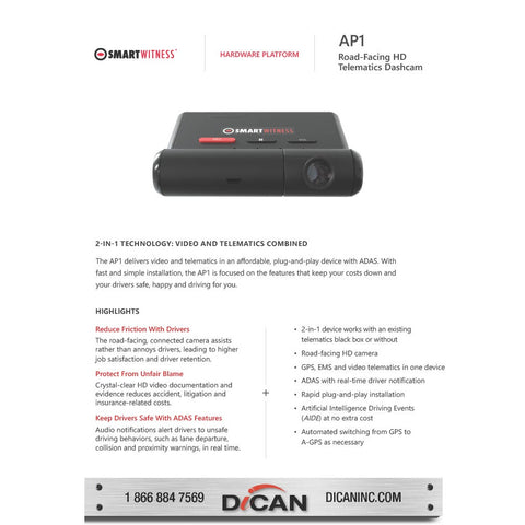 SmartWitness AP-1 Dash Camera+ ADAS LTE/Wi-Fi GPS Telematics – New